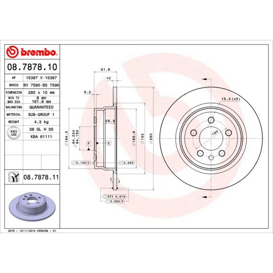 Слика на кочионен диск BREMBO COATED DISC LINE 08.7878.11 за Rover 75 Saloon (RJ) 2.0 V6 - 150 коњи бензин