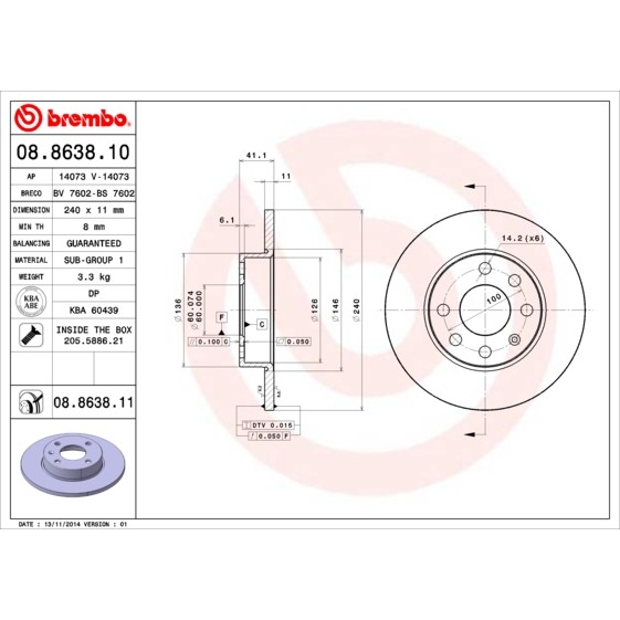 Слика на Кочионен диск BREMBO COATED DISC LINE 08.8638.11