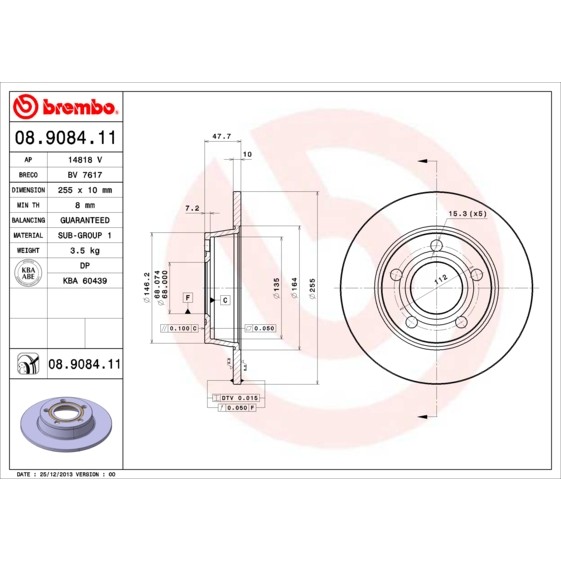 Слика на кочионен диск BREMBO COATED DISC LINE 08.9084.11 за Audi A6 Sedan (4B, C5) 2.7 T quattro - 230 коњи бензин