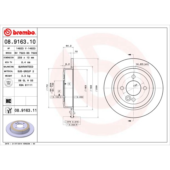 Слика на кочионен диск BREMBO COATED DISC LINE 08.9163.11 за Mini Convertible (R52) Cooper S - 170 коњи бензин