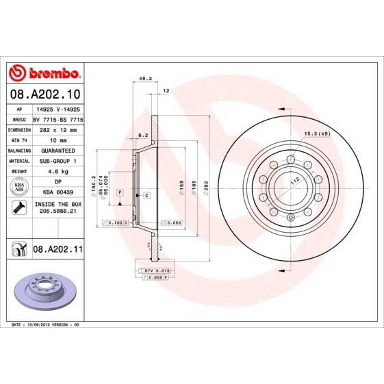 Слика на кочионен диск BREMBO COATED DISC LINE 08.A202.11 за Seat Toledo 3 (5P2) 1.9 TDI - 105 коњи дизел