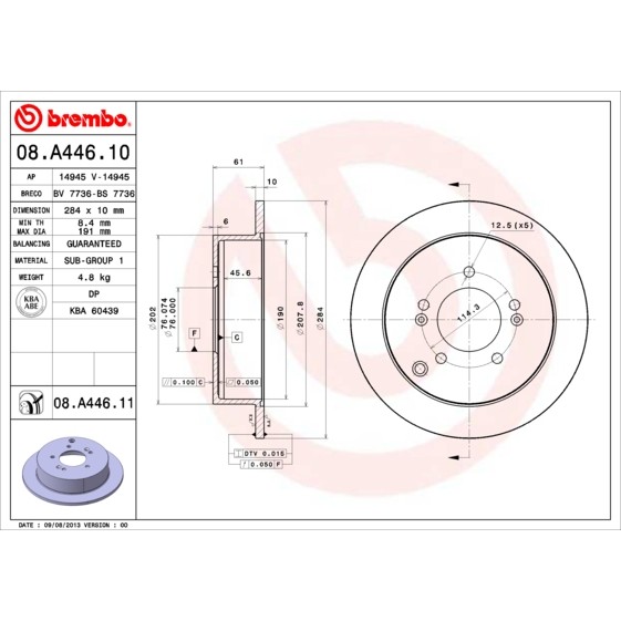 Слика на кочионен диск BREMBO COATED DISC LINE 08.A446.11 за Hyundai ix35 (LM) 2.0 GDi - 166 коњи бензин