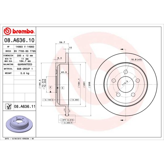 Слика на кочионен диск BREMBO COATED DISC LINE 08.A636.11 за Jeep Liberty (KJ) 3.7 Laredo - 204 коњи бензин