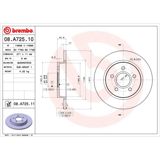 Слика на кочионен диск BREMBO COATED DISC LINE 08.A725.11 за Ford Focus 3 Hatchback 2.0 TDCi - 185 коњи дизел