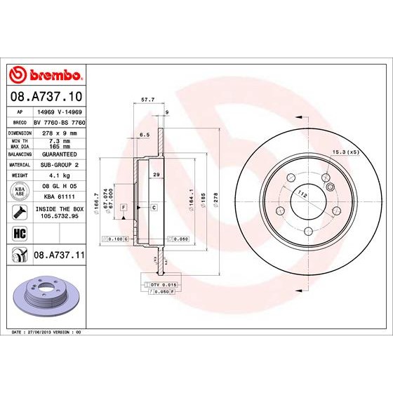 Слика на кочионен диск BREMBO COATED DISC LINE 08.A737.11 за Mercedes C-class Estate (s204) C 200 CDI (204.201) - 136 коњи дизел