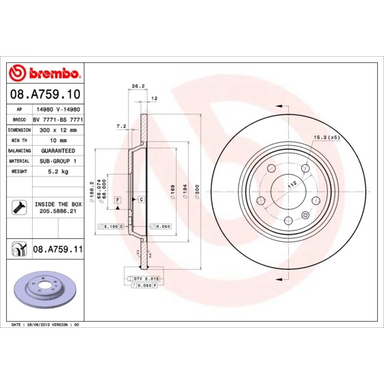 Слика на кочионен диск BREMBO COATED DISC LINE 08.A759.11 за Audi A4 Avant (8K5, B8) 2.0 TFSI - 224 коњи бензин