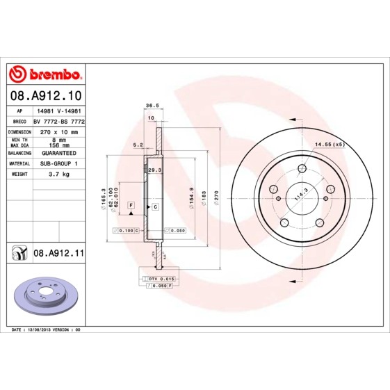 Слика на кочионен диск BREMBO COATED DISC LINE 08.A912.11 за Toyota Corolla (NZE18, ZRE18) 1.6 - 132 коњи бензин