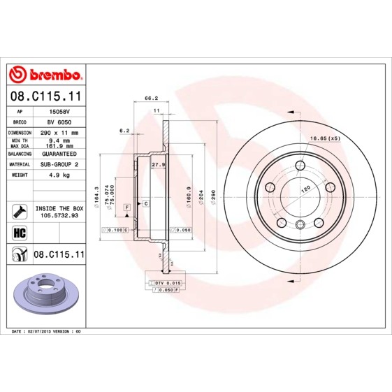 Слика на кочионен диск BREMBO COATED DISC LINE 08.C115.11 за BMW 1 F21 116 d - 116 коњи дизел