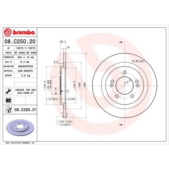 Слика на кочионен диск BREMBO COATED DISC LINE 08.C250.21 за Hyundai i40 (VF) 1.7 CRDi - 141 коњи дизел