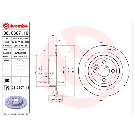 Слика на кочионен диск BREMBO COATED DISC LINE 08.C307.11 за Mini Clubvan (R55) Cooper D - 112 коњи дизел