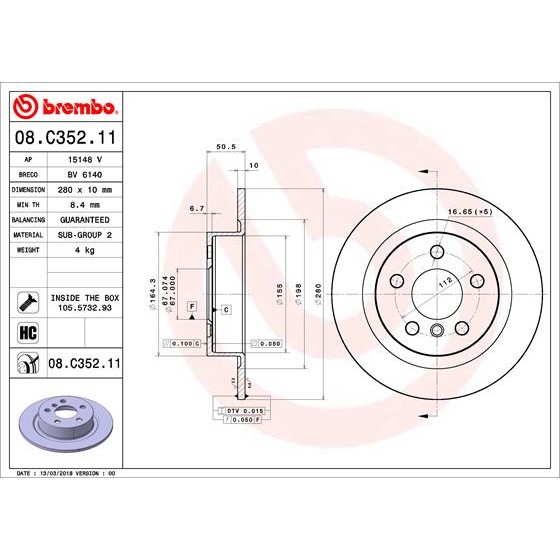 Слика на кочионен диск BREMBO COATED DISC LINE 08.C352.11 за Mini Clubman (F54) Cooper S - 192 коњи бензин