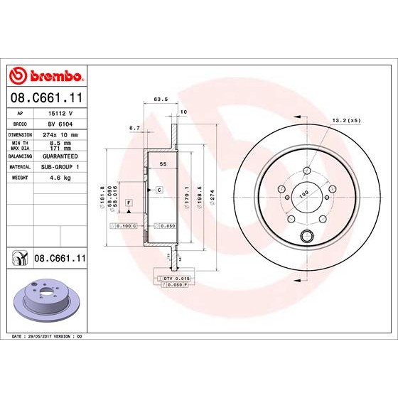 Слика на кочионен диск BREMBO COATED DISC LINE 08.C661.11 за Subaru XV Crosstrek 1.6 i - 114 коњи бензин