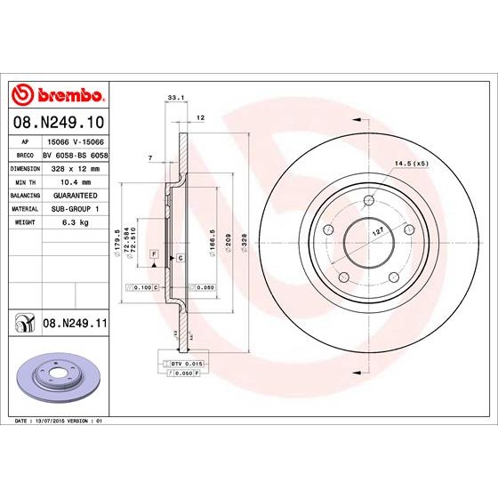 Слика на кочионен диск BREMBO COATED DISC LINE 08.N249.11 за Fiat Freemont JC 2.0 JTD 4x4 - 170 коњи дизел