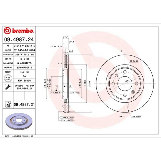 Слика на кочионен диск BREMBO COATED DISC LINE 09.4987.21 за Citroen Xantia Estate X1 1.8 i - 90 коњи бензин