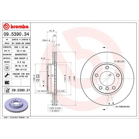 Слика на кочионен диск BREMBO COATED DISC LINE 09.5390.31 за BMW 3 Sedan E46 320 d - 129 коњи дизел