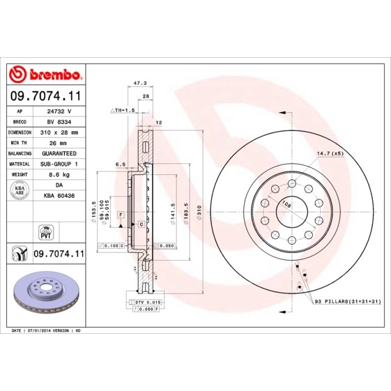 Слика на кочионен диск BREMBO COATED DISC LINE 09.7074.11 за Alfa Romeo 166 Sedan 2.0 V6 (936A3___) - 205 коњи бензин