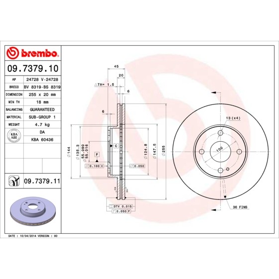 Слика на кочионен диск BREMBO COATED DISC LINE 09.7379.11 за Mazda MX-5 (NB) 1.8 - 146 коњи бензин