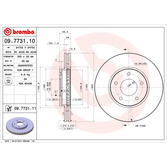 Слика на кочионен диск BREMBO COATED DISC LINE 09.7731.11 за Jaguar XJ (NAW,NBW) 4.0 - 249 коњи бензин