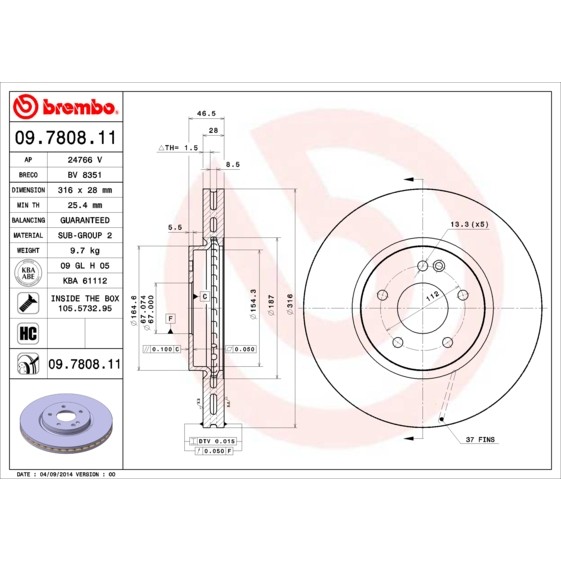 Слика на кочионен диск BREMBO COATED DISC LINE 09.7808.11 за Mercedes E-class Estate (s210) E 420 T (210.272) - 279 коњи бензин