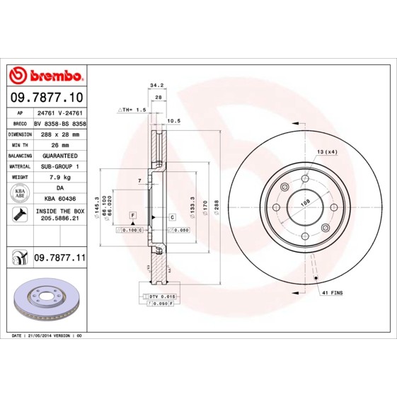 Слика на кочионен диск BREMBO COATED DISC LINE 09.7877.11 за Citroen Xantia Break X2 3.0 V6 - 190 коњи бензин