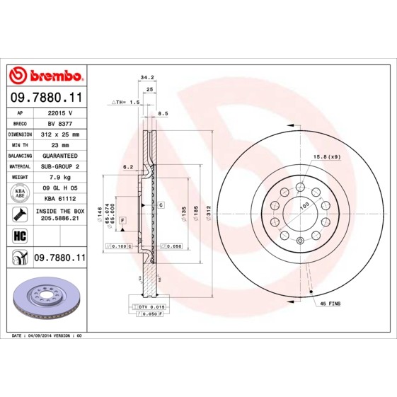 Слика на кочионен диск BREMBO COATED DISC LINE 09.7880.11 за VW Jetta 4 Estate (1J6) 2.3 V5 - 170 коњи бензин