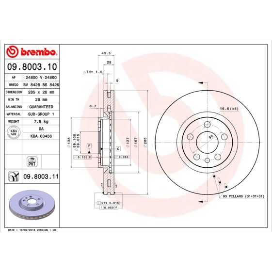 Слика на кочионен диск BREMBO COATED DISC LINE 09.8003.11 за Citroen Jumpy U6U 2.0 i 16V - 138 коњи бензин