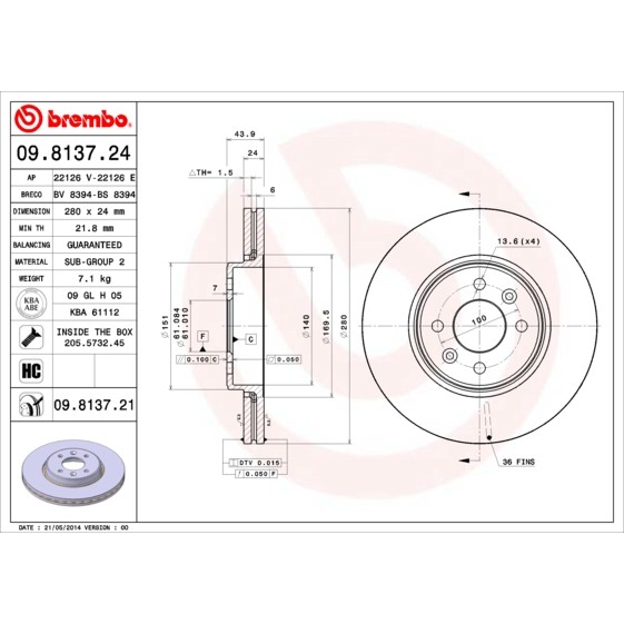 Слика на кочионен диск BREMBO COATED DISC LINE 09.8137.21 за Renault Kangoo Express (FC0-1) 1.9 dCi 4x4 (FC0V) - 80 коњи дизел