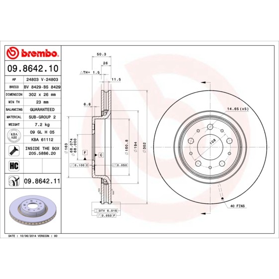 Слика на кочионен диск BREMBO COATED DISC LINE 09.8642.11 за Volvo S70 Saloon (P80) 2.4 T5 AWD - 193 коњи бензин