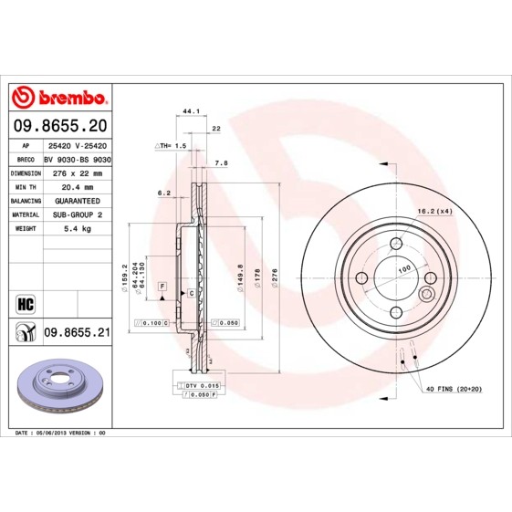 Слика на кочионен диск BREMBO COATED DISC LINE 09.8655.21 за Mini Convertible (R52) One - 90 коњи бензин