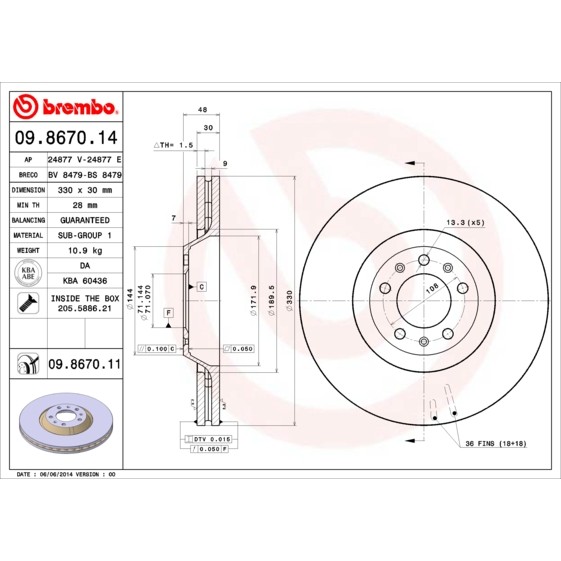 Слика на кочионен диск BREMBO COATED DISC LINE 09.8670.11 за Citroen C6 Sedan 2.2 HDi - 163 коњи дизел