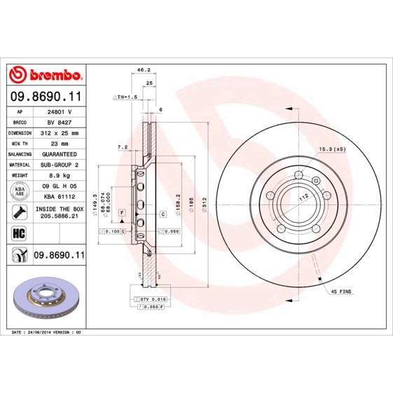 Слика на кочионен диск BREMBO COATED DISC LINE 09.8690.11 за Audi A6 Sedan (4B, C5) 2.4 quattro - 163 коњи бензин