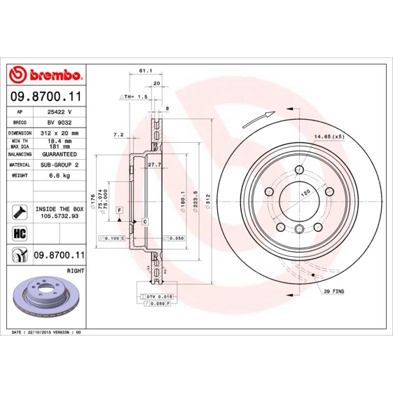 Слика на кочионен диск BREMBO COATED DISC LINE 09.8700.11 за BMW Z3 Cabrio M 3.2 - 325 коњи бензин