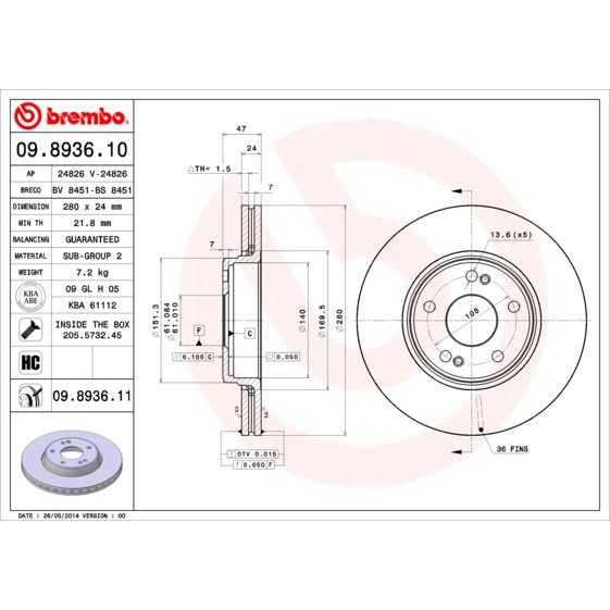 Слика на кочионен диск BREMBO COATED DISC LINE 09.8936.11 за Renault Laguna 2 Grandtour (KG0-1) 1.8 16V - 121 коњи бензин