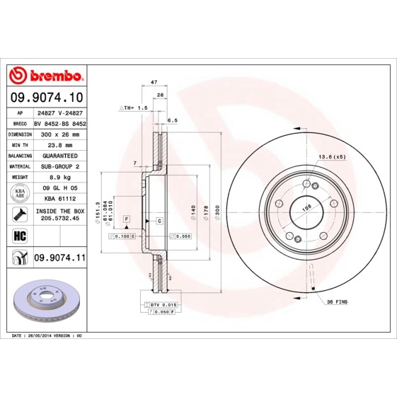 Слика на кочионен диск BREMBO COATED DISC LINE 09.9074.11 за Renault Laguna 2 Sport Tourer (KG0-1) 1.8 16V (KG0J) - 116 коњи бензин