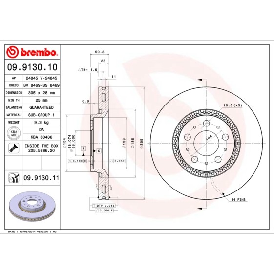 Слика на кочионен диск BREMBO COATED DISC LINE 09.9130.11 за Volvo S60 Sedan 2.4 D - 126 коњи дизел