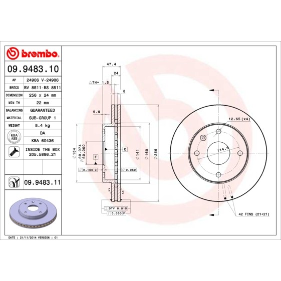 Слика на кочионен диск BREMBO COATED DISC LINE 09.9483.11 за Daewoo Evanda KLAL 2.0 - 131 коњи бензин