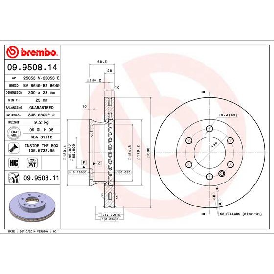 Слика на кочионен диск BREMBO COATED DISC LINE 09.9508.11 за Mercedes Sprinter 3-t Platform (906) 210 CDI (906.111, 906.113, 906.211, 906.213) - 95 коњи дизел