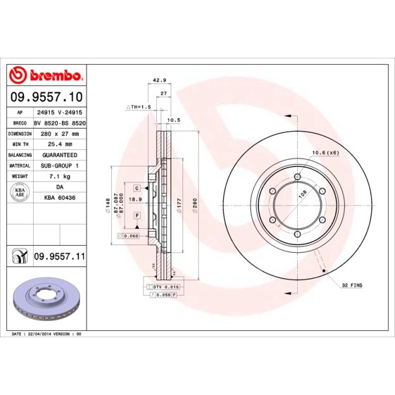 Слика на кочионен диск BREMBO COATED DISC LINE 09.9557.11 за Hyundai Terracan (HP) 2.9 CRDi - 150 коњи дизел