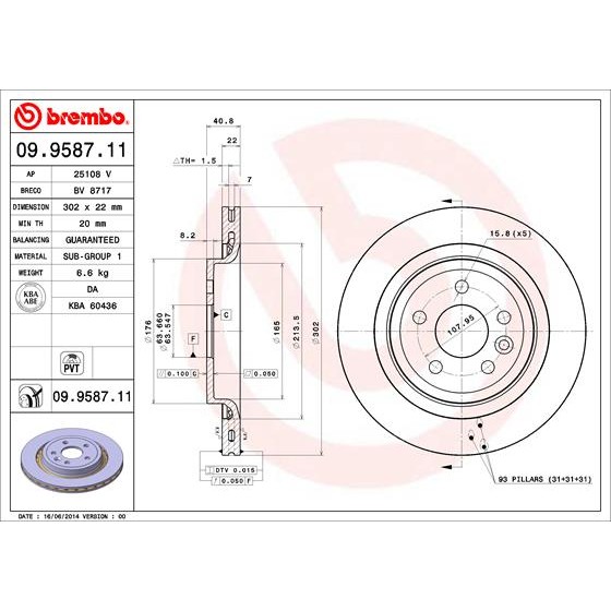 Слика на кочионен диск BREMBO COATED DISC LINE 09.9587.11 за Volvo V60 2.4 Hybrid AWD - 215 коњи дизел/електро