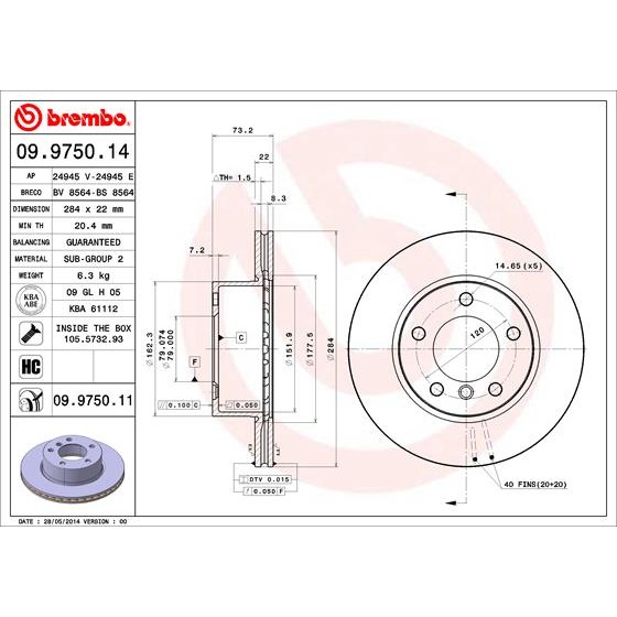 Слика на кочионен диск BREMBO COATED DISC LINE 09.9750.11 за BMW 1 E81, E87 116 i - 121 коњи бензин