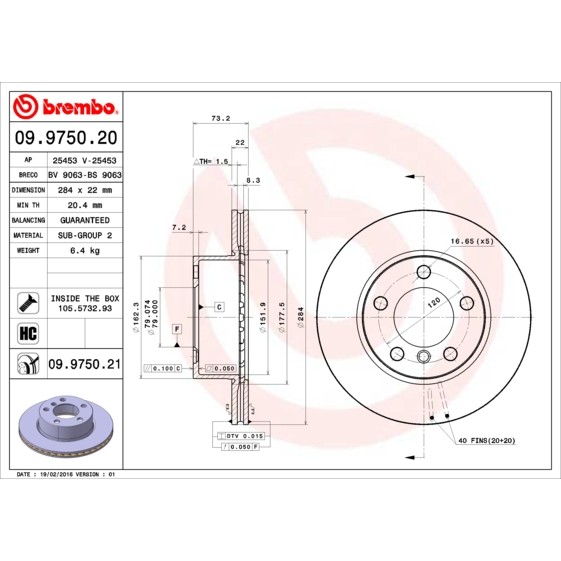 Слика на кочионен диск BREMBO COATED DISC LINE 09.9750.21 за BMW 1 F20 114 i - 102 коњи бензин