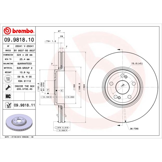 Слика на кочионен диск BREMBO COATED DISC LINE 09.9818.11 за Renault Espace 4 (JK0) 2.0 Turbo (JK0B, JK0N) - 163 коњи бензин
