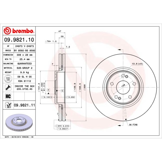 Слика на кочионен диск BREMBO COATED DISC LINE 09.9821.11 за Renault Laguna 2 Grandtour (KG0-1) 2.0 16V - 170 коњи бензин