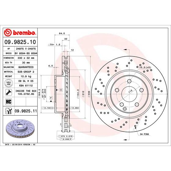 Слика на кочионен диск BREMBO COATED DISC LINE 09.9825.11 за Mercedes E-class Saloon (w211) E 350 CGI (211.057) - 292 коњи бензин