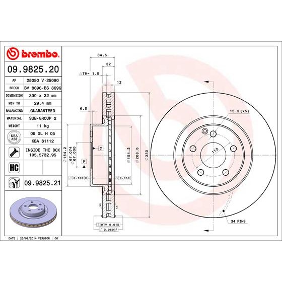 Слика на кочионен диск BREMBO COATED DISC LINE 09.9825.21 за Mercedes GLK-class (x204) 200 CDI (204.901) - 136 коњи дизел