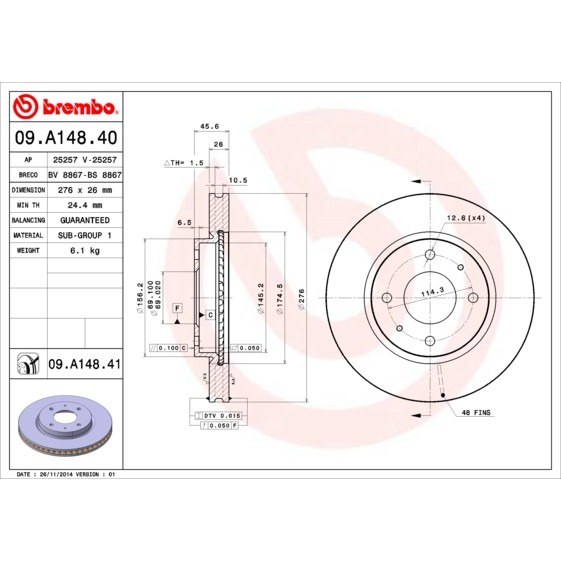 Слика на кочионен диск BREMBO COATED DISC LINE 09.A148.41 за Mitsubishi Lancer Saloon (CS A) 1.6 (CS3A) - 98 коњи бензин