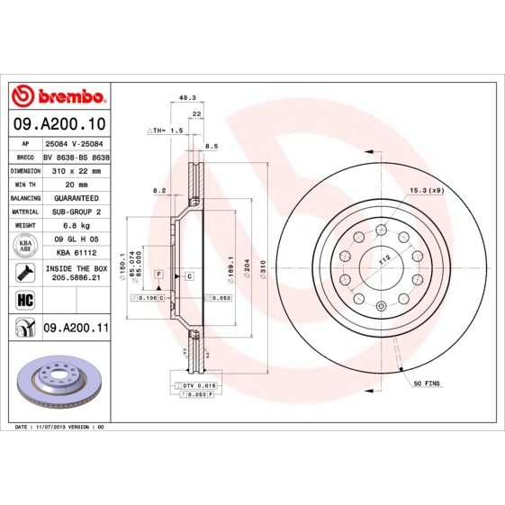 Слика на кочионен диск BREMBO COATED DISC LINE 09.A200.11 за Audi A3 (8V1) S3 quattro - 310 коњи бензин