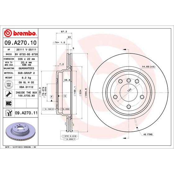 Слика на кочионен диск BREMBO COATED DISC LINE 09.A270.11 за BMW 3 Coupe E92 325 d - 204 коњи дизел