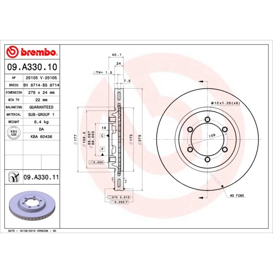 Слика на кочионен диск BREMBO COATED DISC LINE 09.A330.11 за Daewoo Korando KJ 3.2 4x4 - 212 коњи бензин