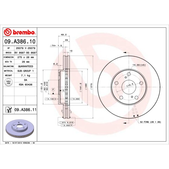 Слика на кочионен диск BREMBO COATED DISC LINE 09.A386.11 за Toyota Avensis Verso (ACM2) 2.4 VVTi GLS - 156 коњи бензин